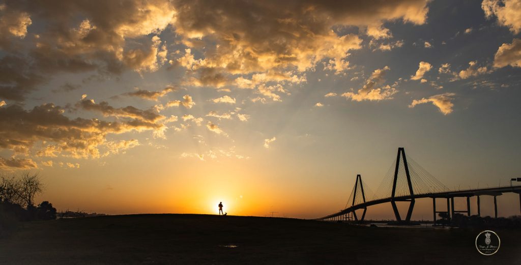 Sunset In Mount Pleasant by Brisson Imagery. Arthur Ravenel Bridge to the right. of a silhouette woman and her dog centered on the setting golden sun