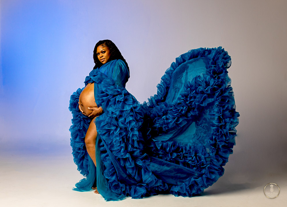 Maternity photoshoot with long flowing dress. Portrait by Brisson Imagery