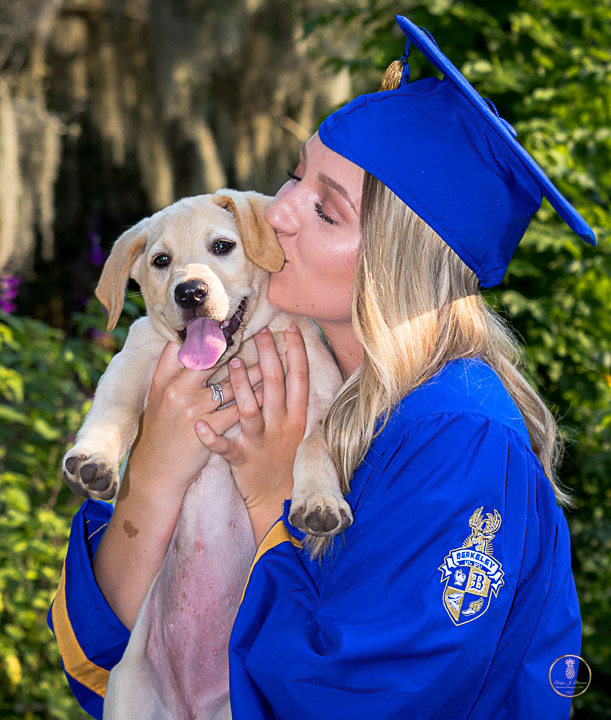 Graduation portrait of a Berkley high school girl with her new puppy