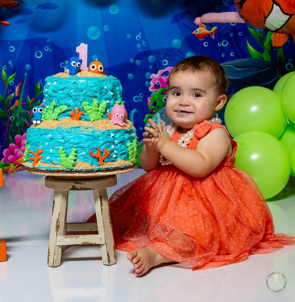 One year old baby girls finding nemo cake smash session by Brisson Imagery
