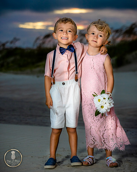 Charleston Beach Photographer image of boy and girl twins on a beach at night 