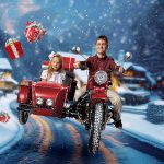 Santa Mini Sessions in Charelston SC. Composite image of kids riding a motercycle with gifts flying around