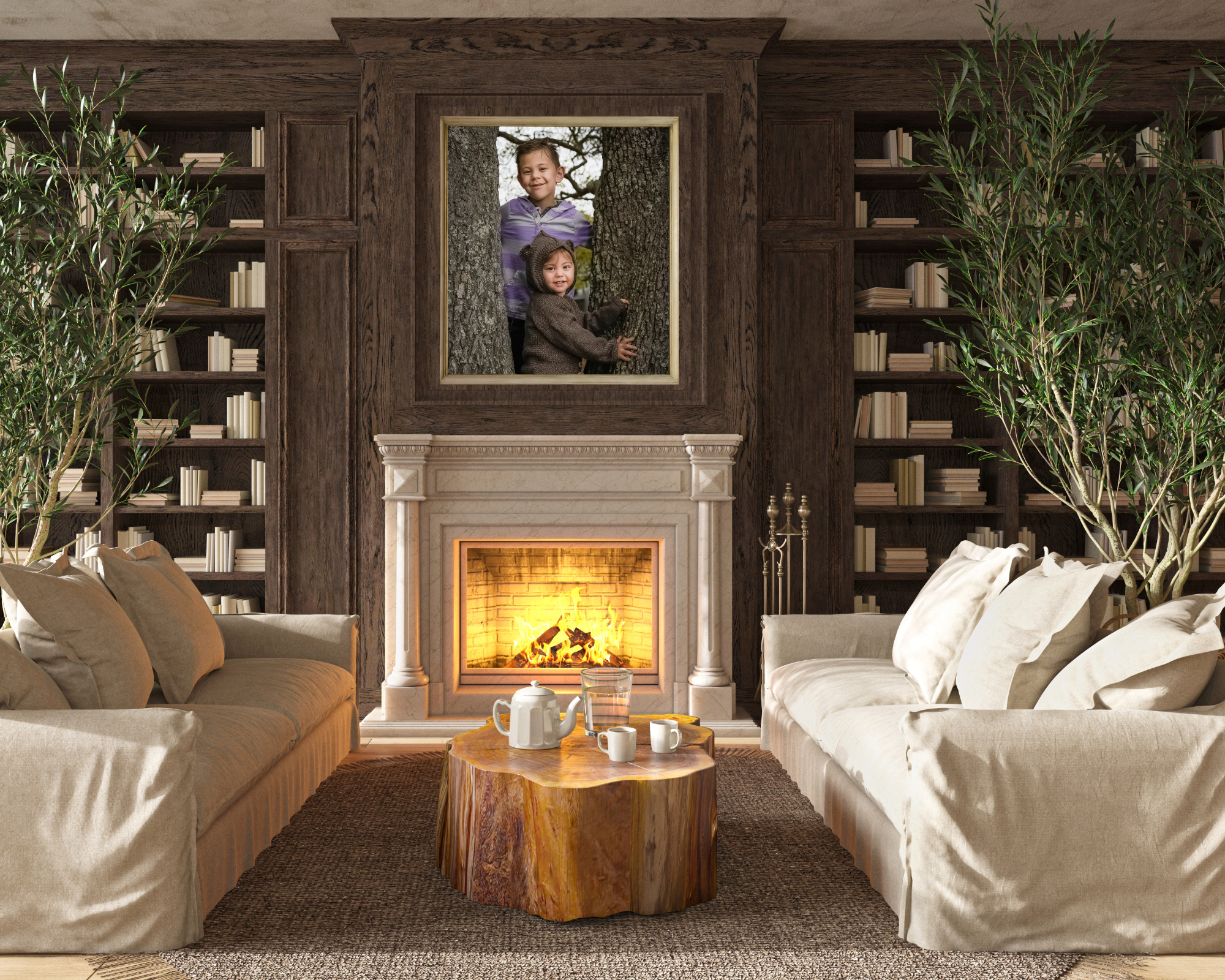 living room mock up of a portrait framed over the fireplace